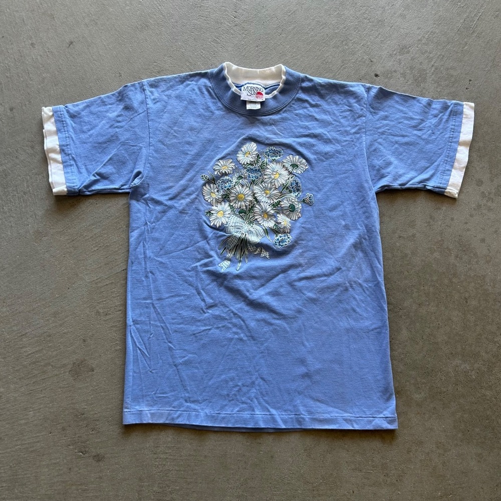 Vintage 90s Sun Flower Shirt Size Large Blue Morning Sun USA Made Grandma
